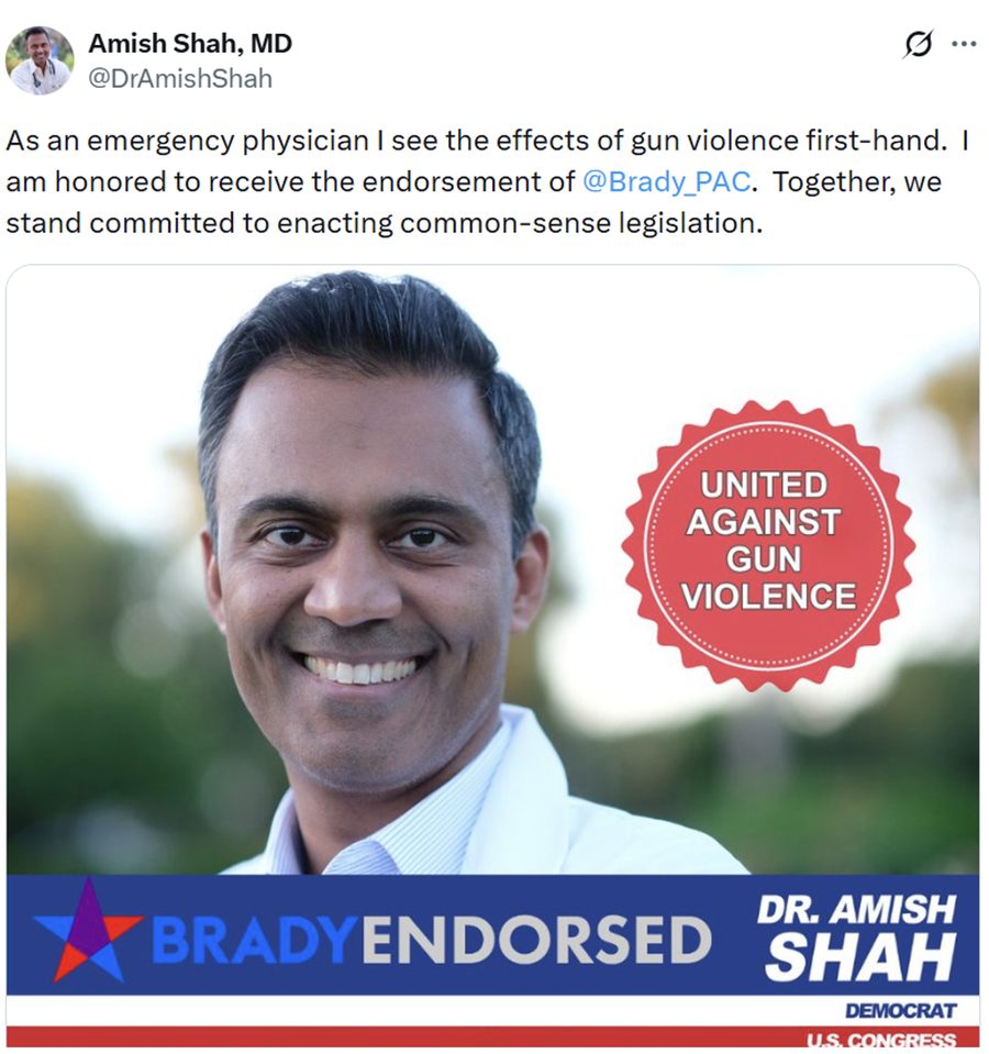 Amish Shah tweet announcing Brady PAC endorsement